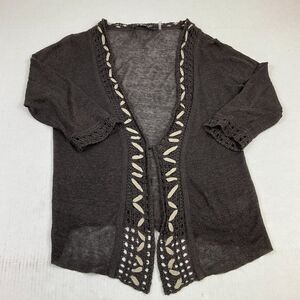 Zozo Linen Blend Cardigan Gray Ribbon Trim 3/4 Sleeve Sweater Size M Medium *